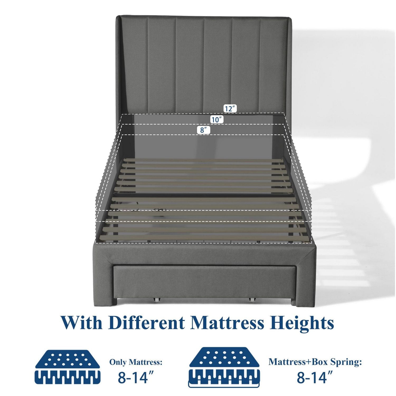 Ensemble de lit pour enfant Homy Casa avec tête de lit rembourrée, support à lattes en bois, ports de chargement USB et tiroirs de rangement.