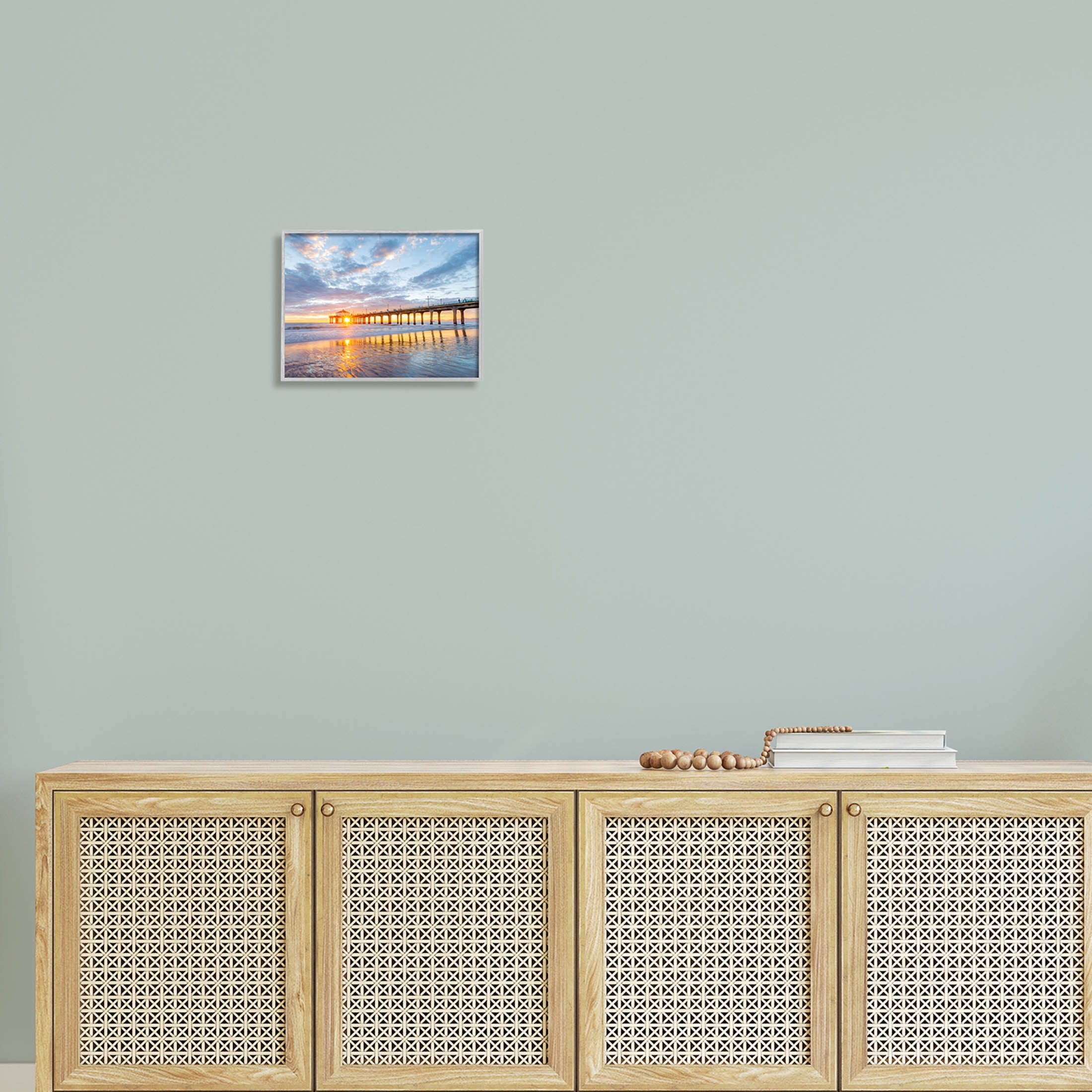 Ocean Pier Sunrise Reflection Coastal Photograph Gray Framed Art Print Wall Art