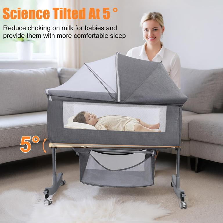 Dapmiu 4-in-1 Convertible Baby Crib, Bedside Sleeper with Changing Table, 6-Level Height Adjustable, Rocking Crib, Silent Wheels, Storage Basket, Mosquito Net, for Newborn to 24 Months,black