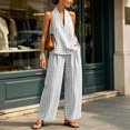 thumbnail image 6 of Gifts Dianli Two Piece Sets for Women Linen Two Piece Outfit Plaid Pattern V Neck Top and Wide Leg Pants Matching Linen Sets for Women Summer Vacation Travel and Casual Daily Wear Gray S, 6 of 7