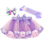 Layered Rainbow Tutu Skirt Costumes Set with Hair Bows Clips and Satin Sash for Girls Birthday Party Dress up (Purple Rainbow, M,2t~4t)