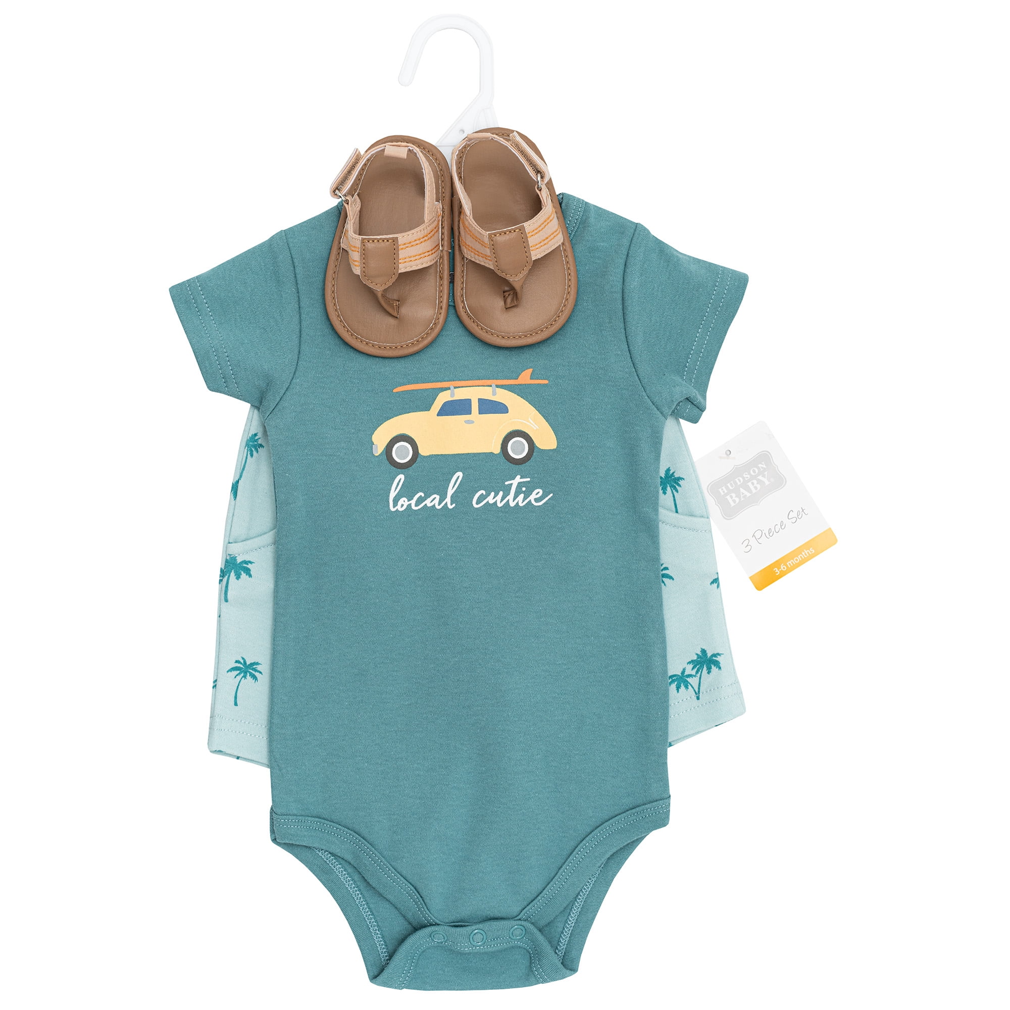 Hudson Baby Boy Cotton Bodysuit, Shorts and Shoe Set, Surf Car Local Cutie, 0-3 Months