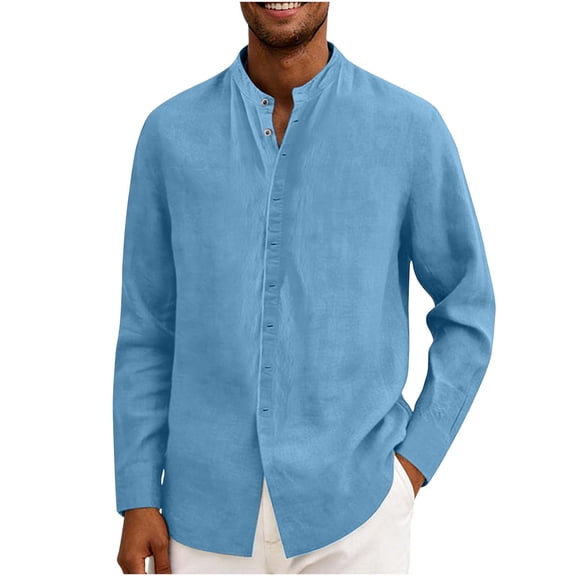 Vekome Button up Shirt Men Big and Tall Long Sleeve Tops Mock Neck Casual Blouses Linen Solid Color Tunic Tee Shirts