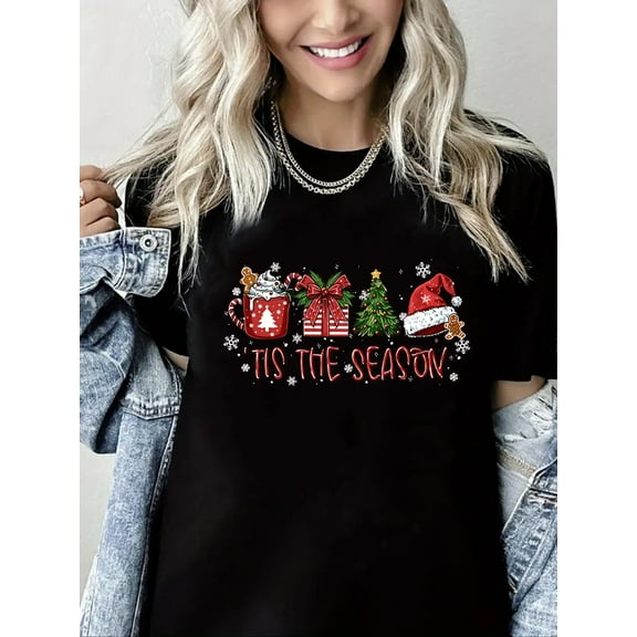 It's The Season Print T-Shirt Merry Christmas Shirt Short Sleeve Shirt for Women