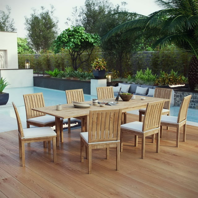 Modway Marina 9 Piece Outdoor Patio Teak Dining Set in Natural White