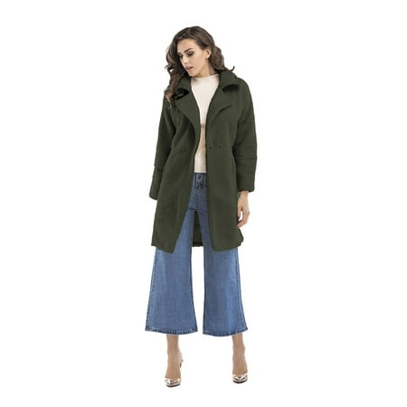 Winter Blended Coat Women Casual Long Open Front Coat Trench Button Cardigan, Army Green