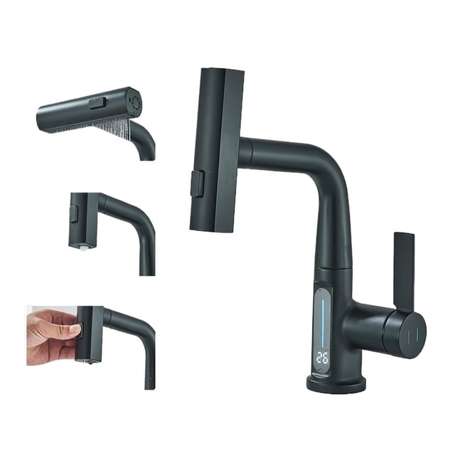 Temperature Digital Display Basin Faucet for Bathroom Pull Out Waterfall Stream 3 Way Sprayer