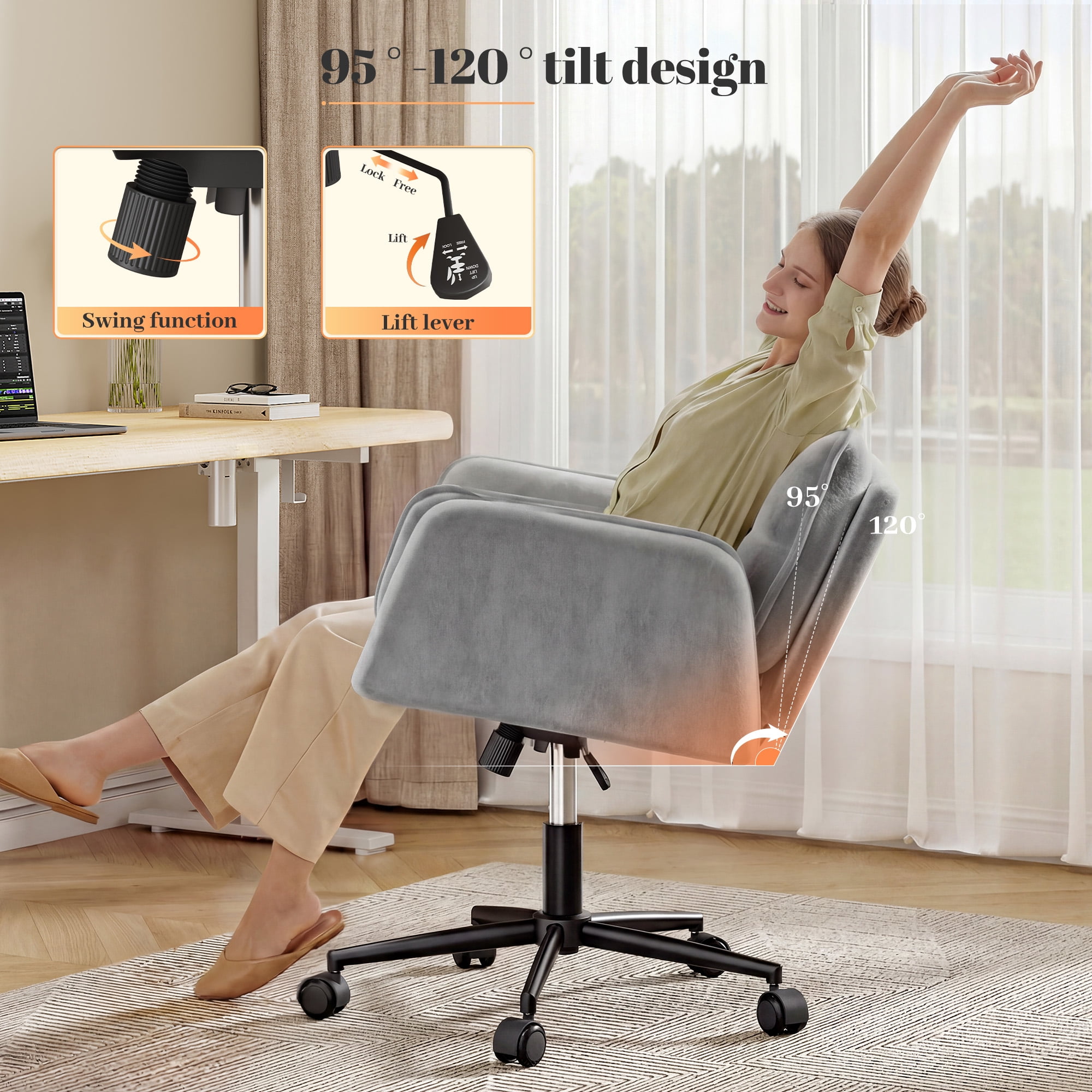 Romorgniz Criss Cross Chair with Wheels Plush Fleece Vanity Chair with 5-Gear Adjustable Armrests Ergonomic Office Chair for Home Office, Gray