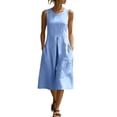 thumbnail image 3 of Zpzdpjkx Women's Solid Sleeveless Cotton Linen Midi Dress Round Neck Casual A-Line Summer Dress with Pockets, 3 of 8