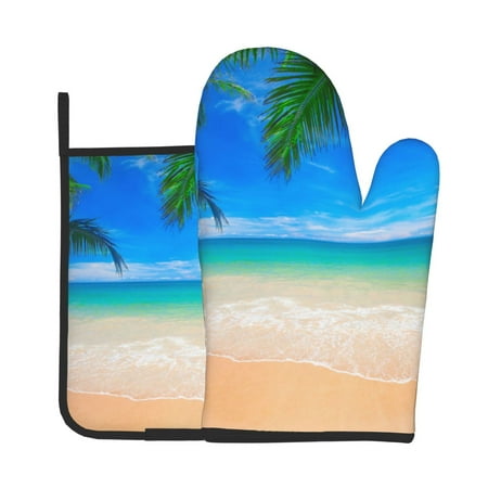 

Oven Mitts And Pot Holders 2 Pcs Set High Heat Resistant Degree Extra Thicken Long Kitchen Oven Glove For Kitchen Baking Grilling Non-Slip Cooking Mitts Palm Tropical Beach