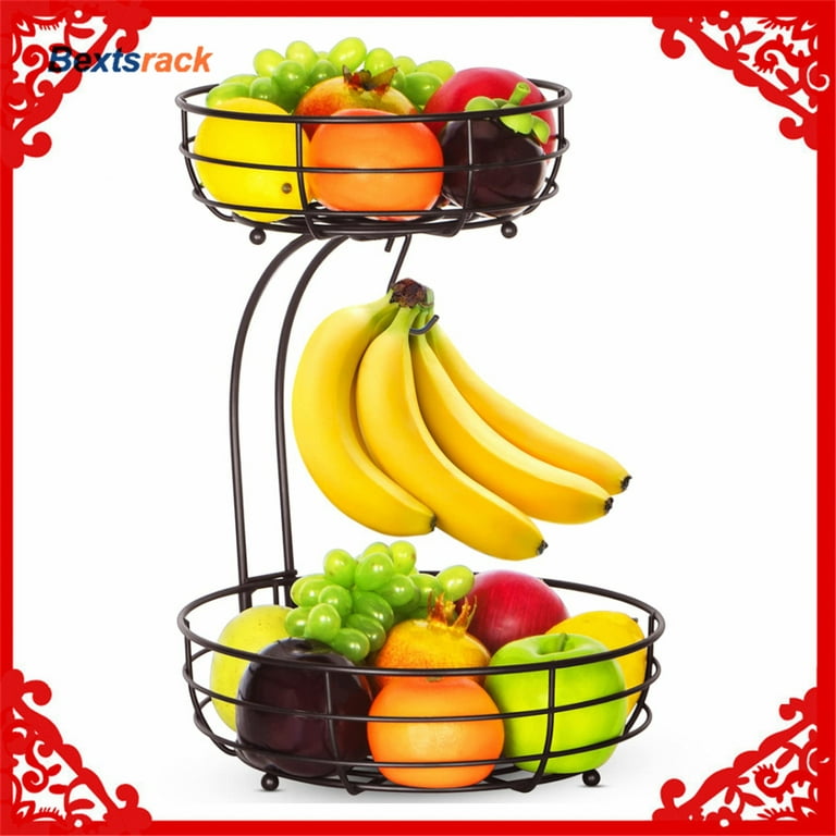 Bextsrack 2-Tier Countertop Fruit Basket,Fruit and Vegetable Bowl with  Banana Holders for Countertop in home,Bronze 