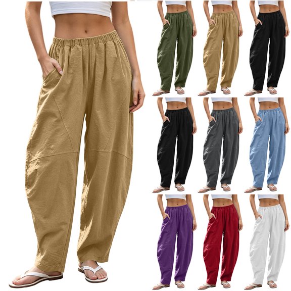 Bloomae Womens Barrel Pants Lightweight Elastic High Elastic Waisted Summer Baggy Harem Pants Loose Fit Casual Wide Leg Comfy Lounge Trousers with Pockets