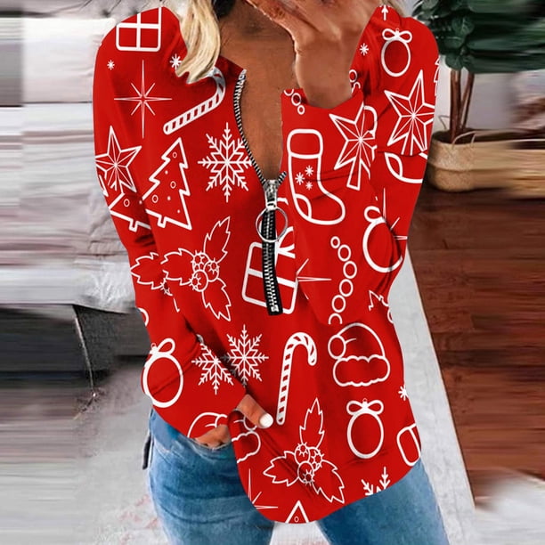 Puntoco, camiseta informal de manga larga con cuello en V de Navidad para mujer, blusa holgada con estampado de otoño, tops con cremallera Puntoco Puntoco-2426
