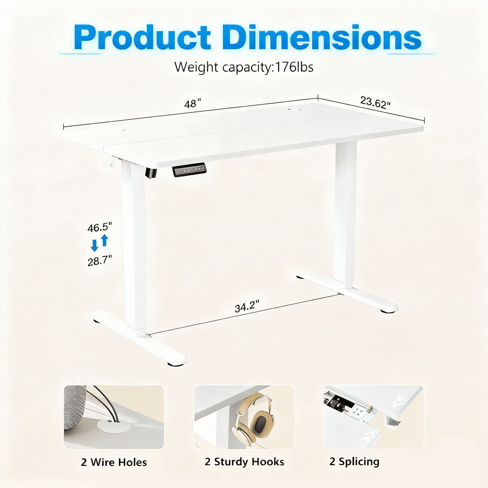 Electric Standing Desk 48x24 Inch - Height Adjustable Desk with Memory Presets, White