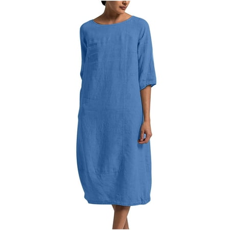 

Women s 3/4 Sleeve Dress Cotton Linen Plus Size Loose Fit Swing Fall T-Shirt Maxi Dress Casual Creawneck Solid Color Pleat Long Length Down Shift Dresses