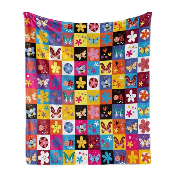 Abstract Soft Flannel Fleece Throw Blanket, Butterflies Beetles Flowers Bees Bugs Hearth Spring Hippie Season Image, Cozy Plush for Indoor and Outdoor Use, 60" x 80", Multicolor, by Ambesonne