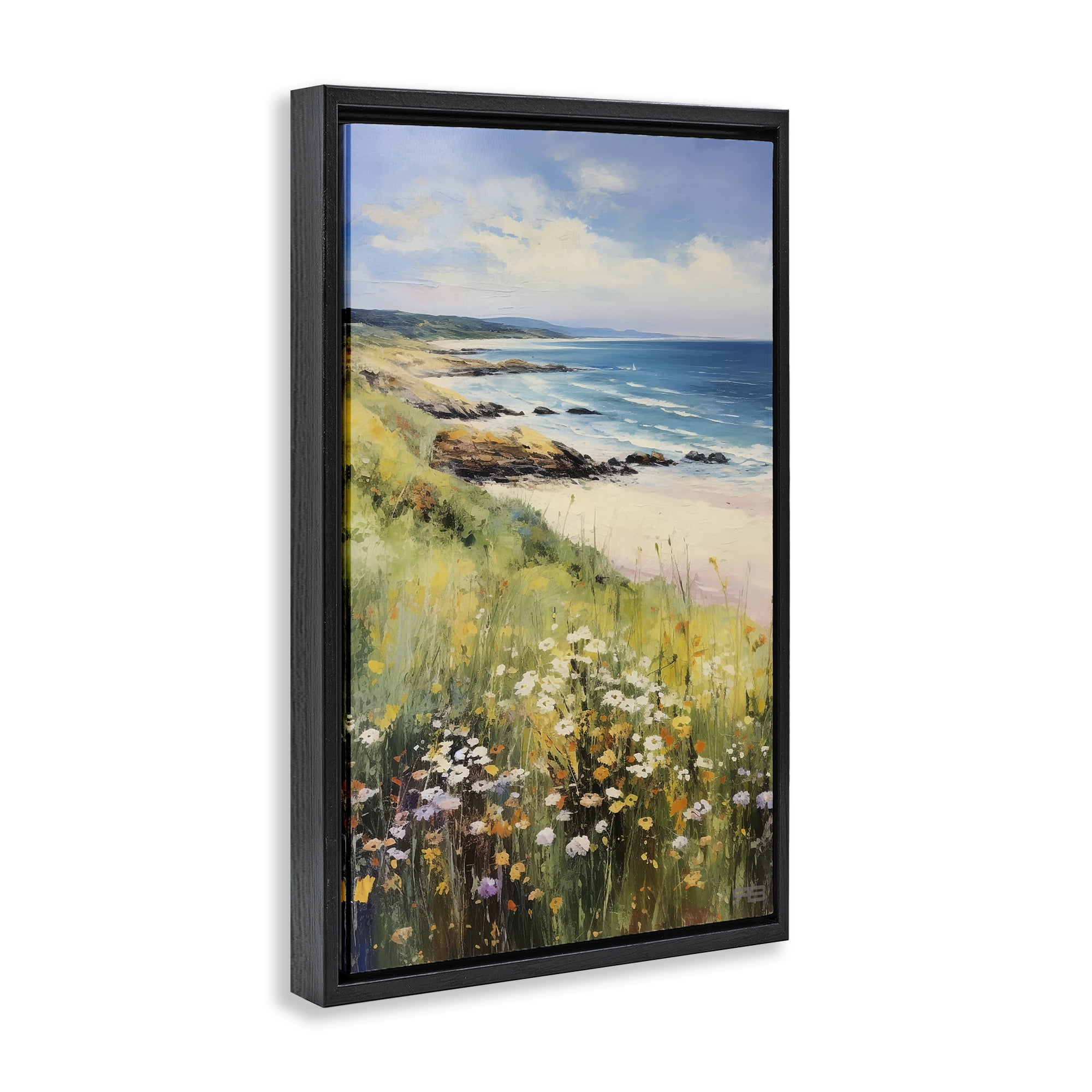 Stupell Industries Meadow Beside Beach Landscape Painting Black Floater Framed Canvas Art Print Wall Art, 21 x 31