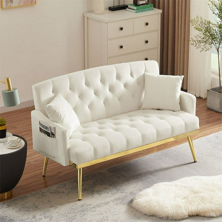 Modern Velvet Small Loveseat Sofa Comfy 2 Seater Tufted Back Accent Sofa Couch with Metal Gold Legs and 2 Pillows for Living Room Compact Living