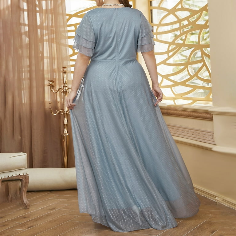 Plus Size Wedding Guest Dresses Elegant Long Evening Gown with Drop V-Neck  High Waist Chiffon in Blue Grey - Walmart.com