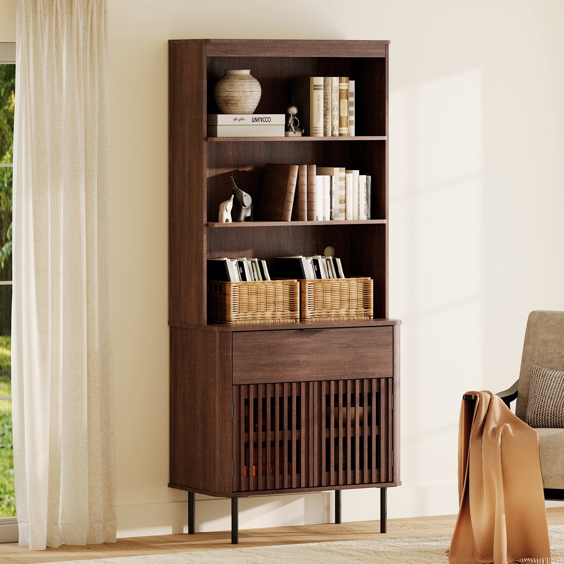 72.8 Inch Tall Bookshelf with Storage Cabinet, 3 Tier Bookcase with Drawer & Adjustable Shelf, Walnut
