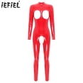 thumbnail image 2 of Body Sexy de charol con cremallera en la espalda para mujer, lencería de una pieza con agujeros, mono sin entrepierna, Catsuit de manga larga con pecho abierto, 2 of 5