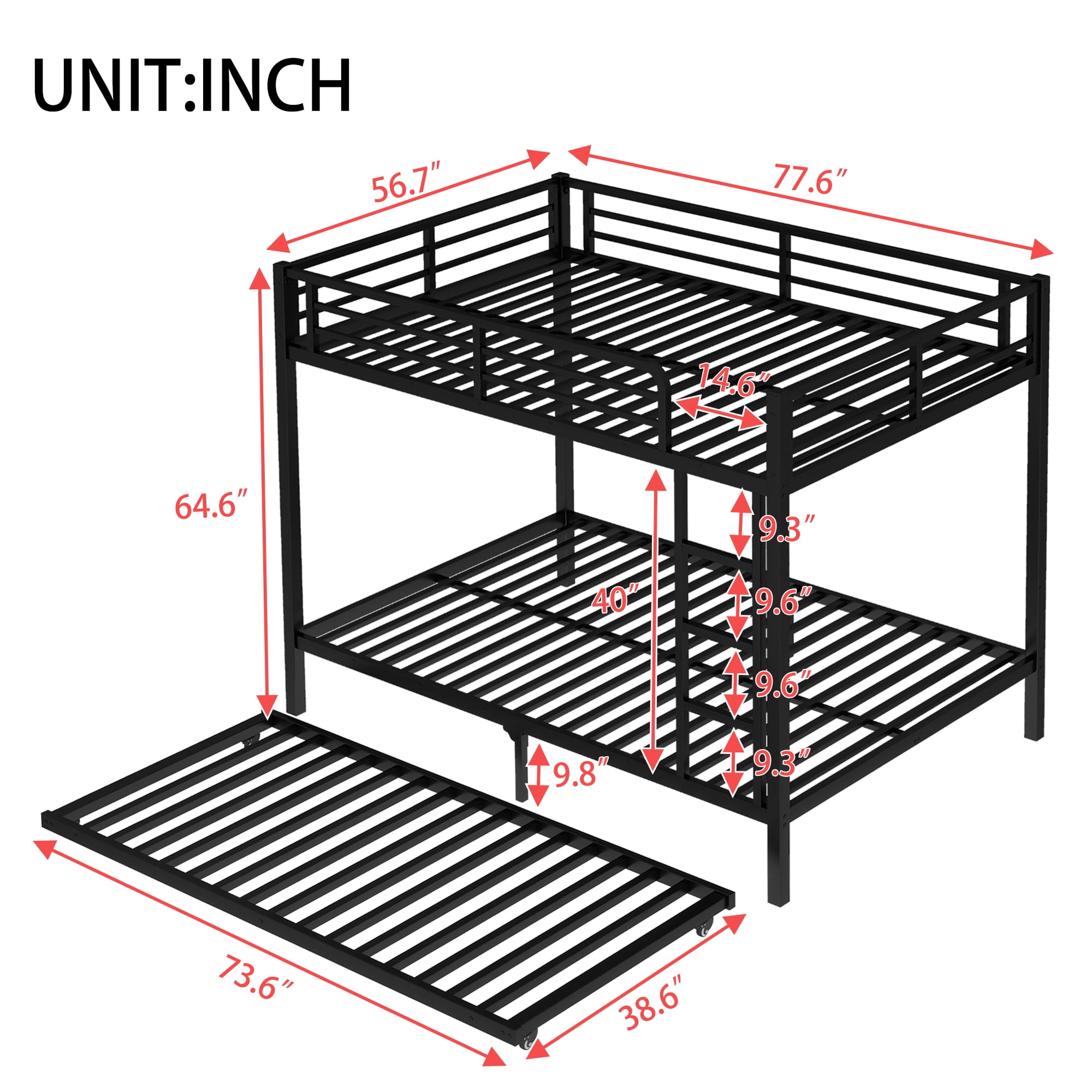 Leumius Metal Bunk Bed with Trundle,Full over Full Bunk Bed with with Ladder & Guardrails,Heavy-Duty Bunk Bed Frame for Kids/Teens/Adults,Space-Saving/Noise Reduced/No Box Spring Needed,Black
