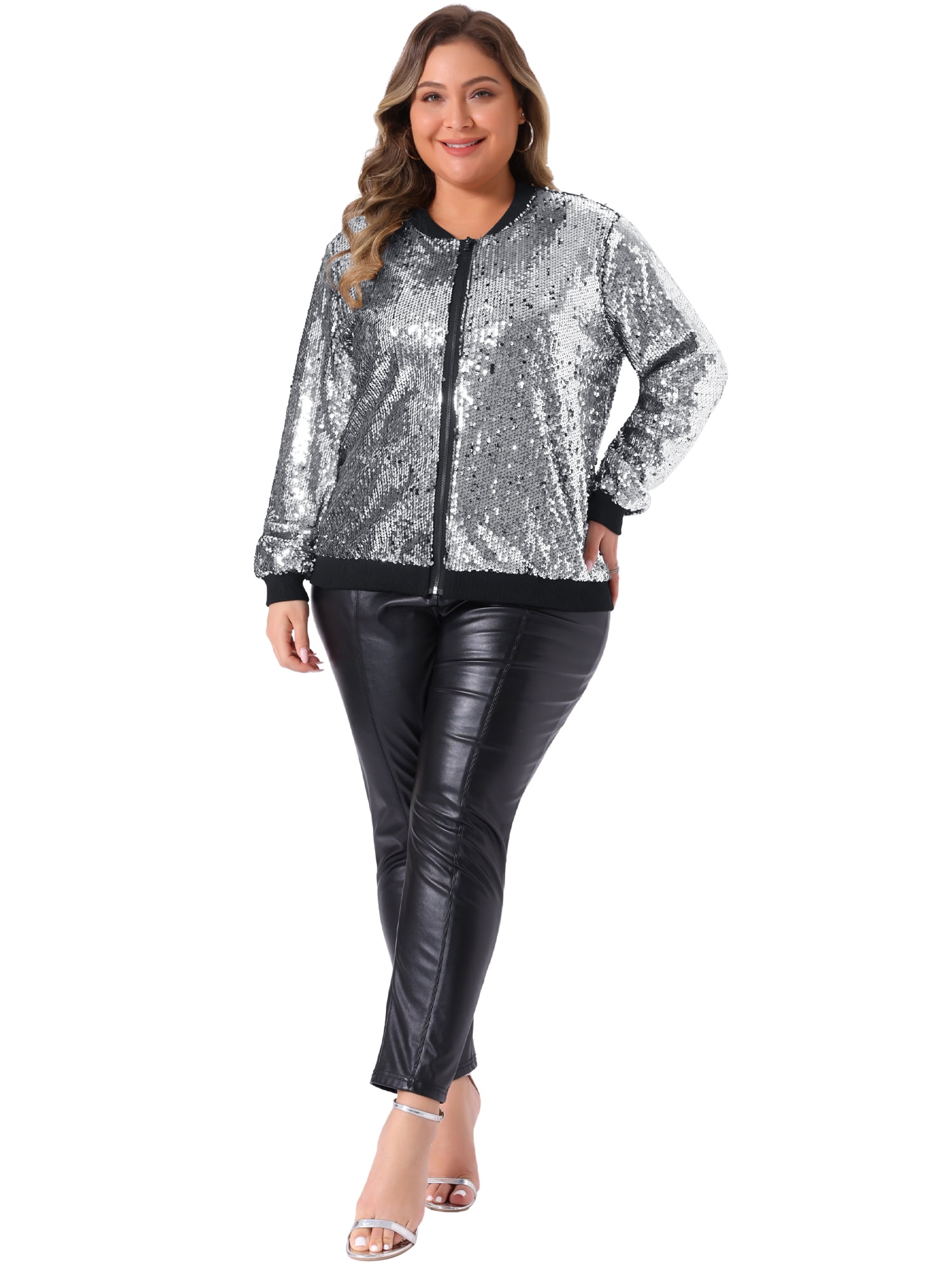 DARING DIVA Women's Plus Size Shiny Glitter Sequin Bomber Jacket 2X Silver