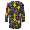 thumbnail image 4 of YOIAVAIOY Women Mardi Gras T-Shirt 3/4 Sleeve Mask Graphic Tops Round Neck Casual Holiday Party Blouse Purple L, 4 of 5