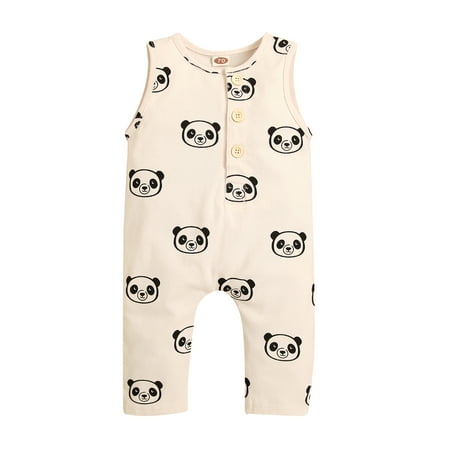 

Qtinghua Newborn Baby Boy Sleeveless Romper Panda Printed Button Overalls Casual Jumpsuit Summer Clothes Beige 0-6 Months