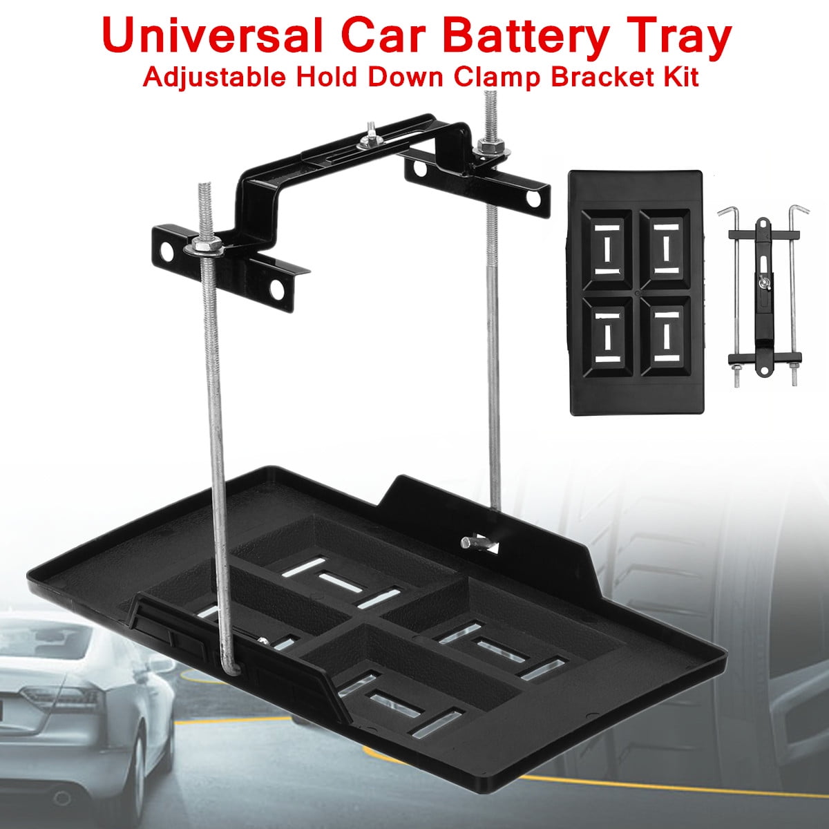 Universal Adjustable Car Storage Battery Tray Holder Base + Hold Down