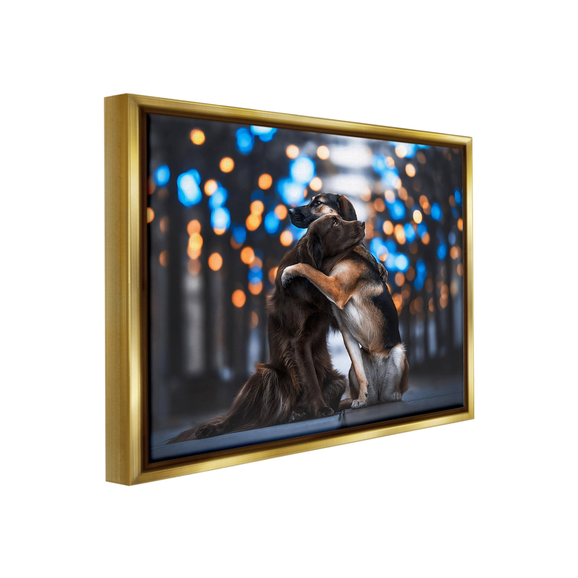 Stupell Industries Hugging Dogs with Bokeh Animals & Insects Painting Gold Floater Framed Canvas Art Print Wall Art, 21 x 17