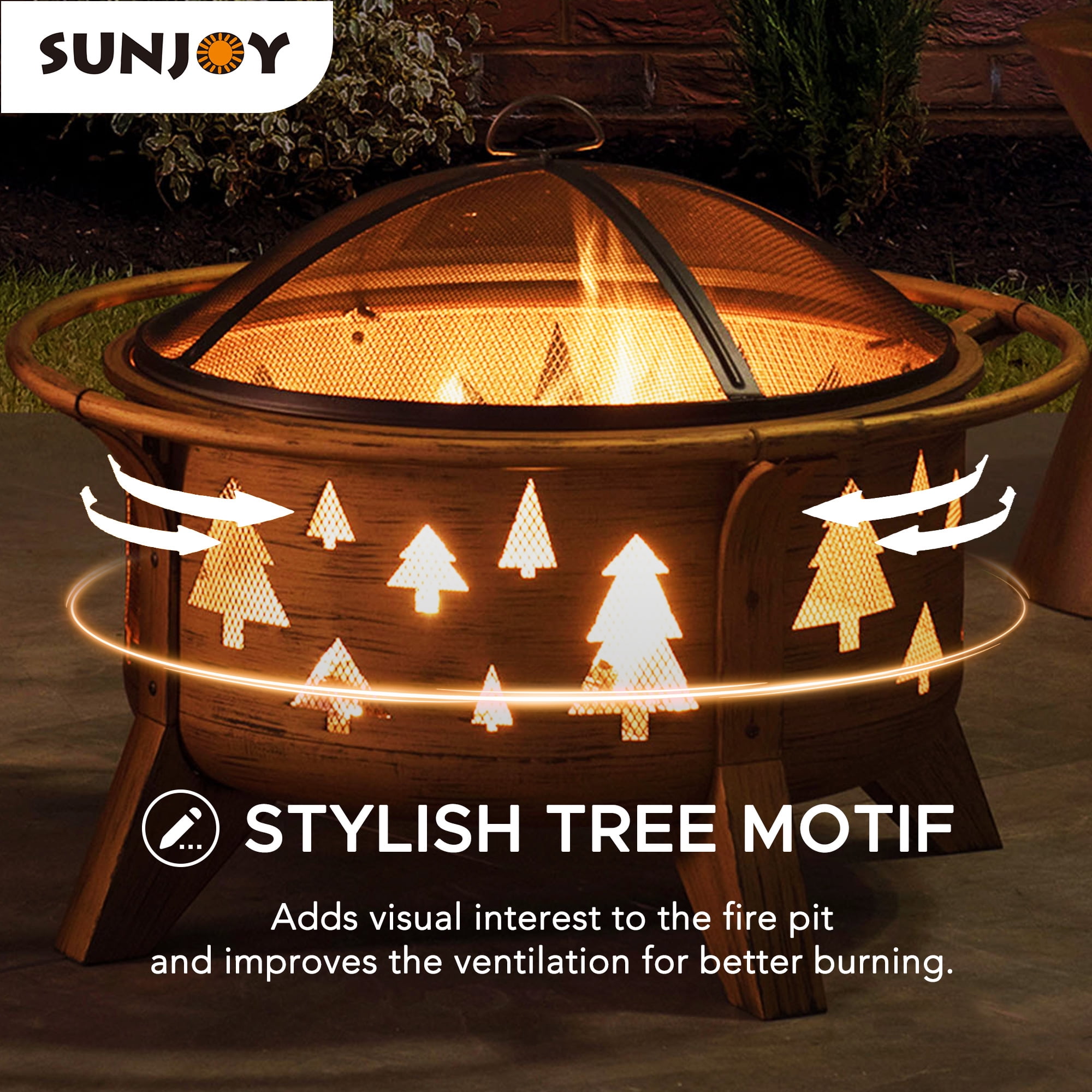 SUNJOY Fire Pit 30 Inch Outdoor Wood-Burning Portable Fire Pit, Patio Tree Motif Round Steel Firepit Large Fire Pits for Outside with Spark Screen and Poker