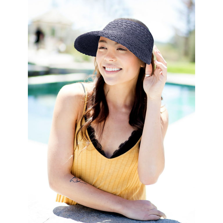 Women's Wide Brim Roll-up Sun Visor Hat Beach Open Top Hat, Dark Blue
