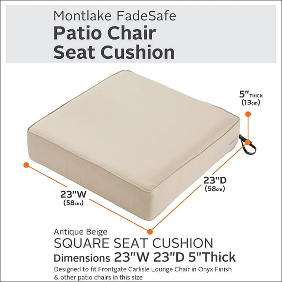 Montlake FadeSafe Water-Resistant Outdoor Seat Cushion - 23"W x 23"D x 5"Thick, Antique Beige