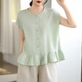 thumbnail image 5 of FRSASU Womens Ruffle Hem Shirts Short Sleeve Peplum Cardigans Crew Neck Button Cotton Linen Tops Mint Green, 5 of 9