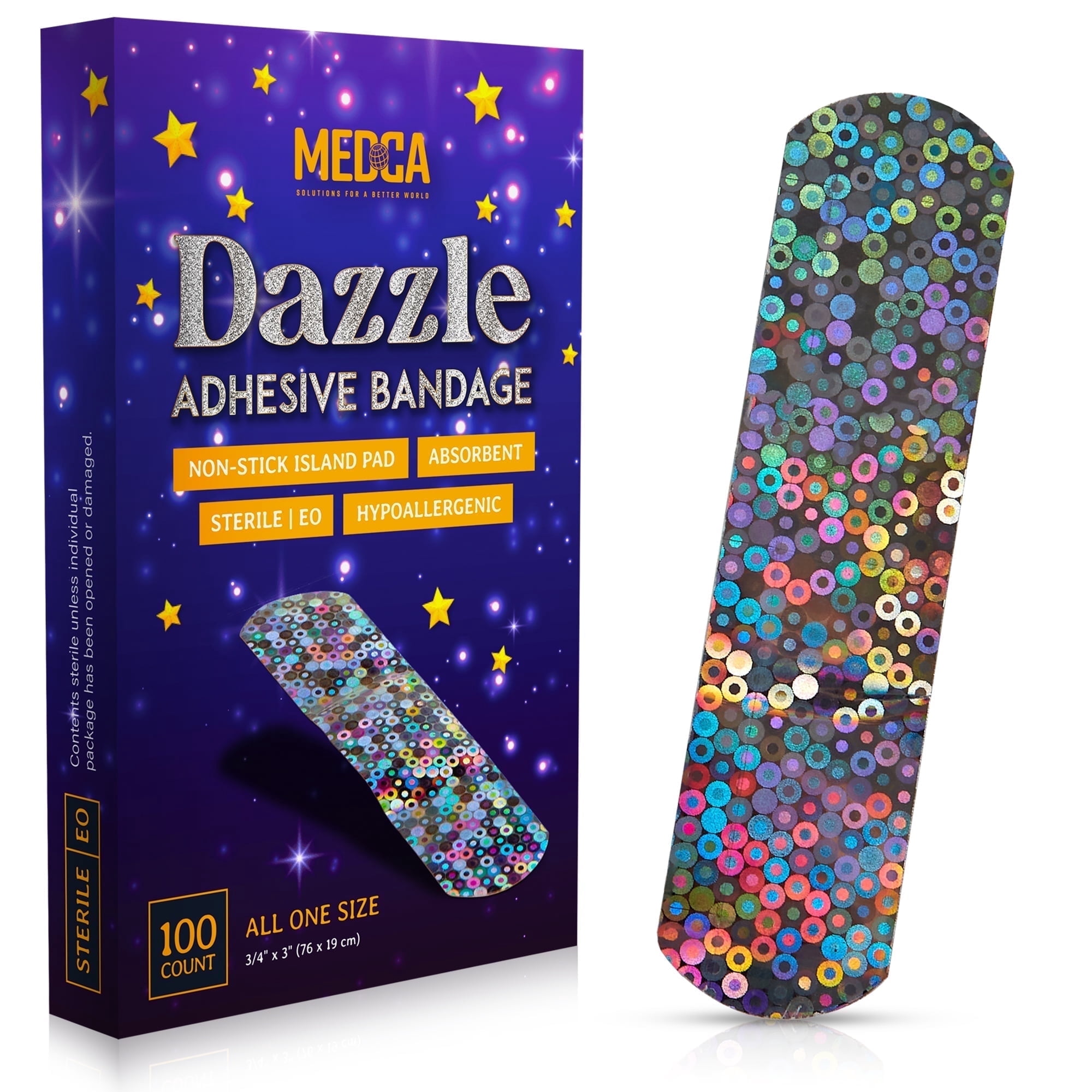 MEDca Glitter Strips Bandages, 3/4" x 3", Adhesive Wound Care, 100 Count (Pack of 1)