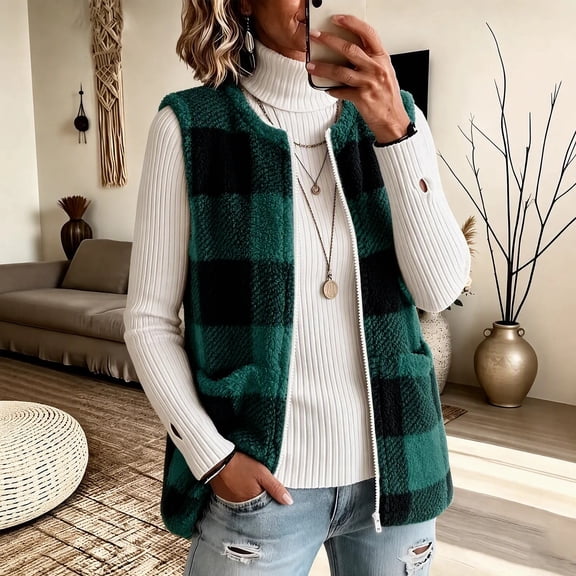 WAGUTH Women's Buffalo Plaid Fleece Vest Sleeveless Zip Up Soft Lightweight Jacket with Pockets Fall Winter Casual Outwear Vest,M
