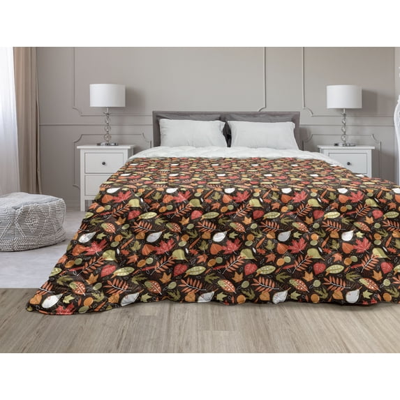 Watercolor Down Alternative Comforter, Blurry Pastel Autumn Leaves Acorn Maple Mushrooms Fall Forest Tree, Microfiber Quilt for All Season, 5 Sizes, Green Pale Caramel Umber, by Ambesonne