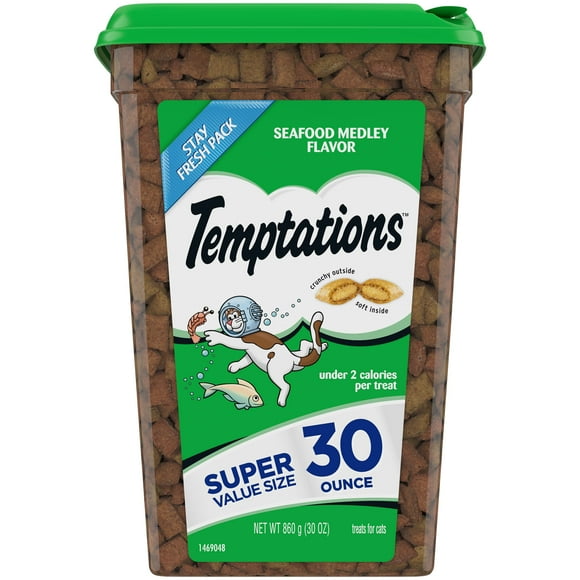 TEMPTATIONS Classic Crunchy and Soft Cat Treats Seafood Medley Flavor, 30 oz. Tub