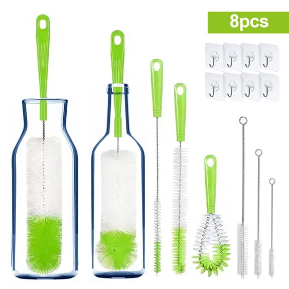 Bottle Brush Set, EEEkit 8pcs Bottle Cleaning Brush Set with Straw Brush, Long Handle Bottle Cleaner for Narrow Neck Bottles, Water Bottles, Wine and Beer Bottles, Green