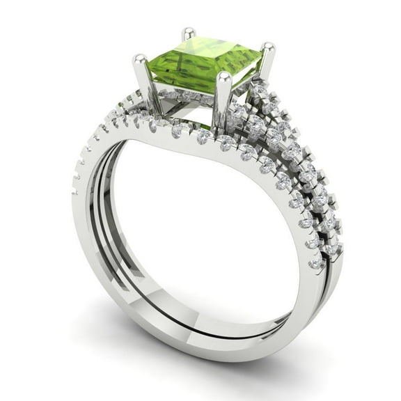 3.36 ct Brilliant Princess Cut Natural Peridot 14k White Gold Solitaire with Accents Engagement Bridal Wedding Ring Band Set size 6.25