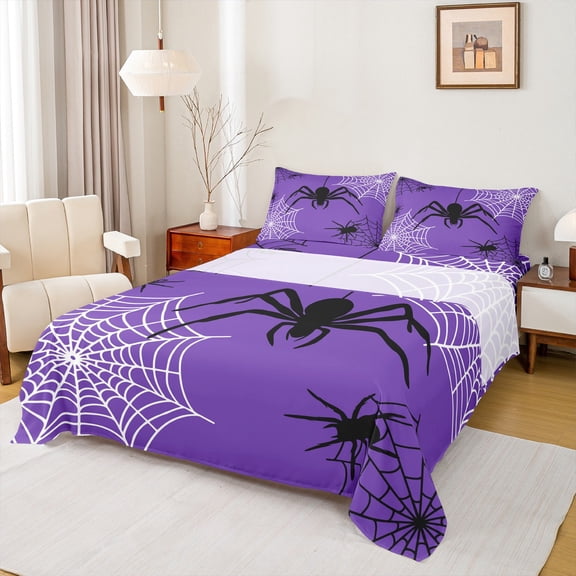 Castle Fairy Kids Spider Web 3pcs Twin Sheet Sets,Black Purple Twin Fitted Sheet,Festival Halloween Breathable Flat Sheet,Ultra Soft Home Decor