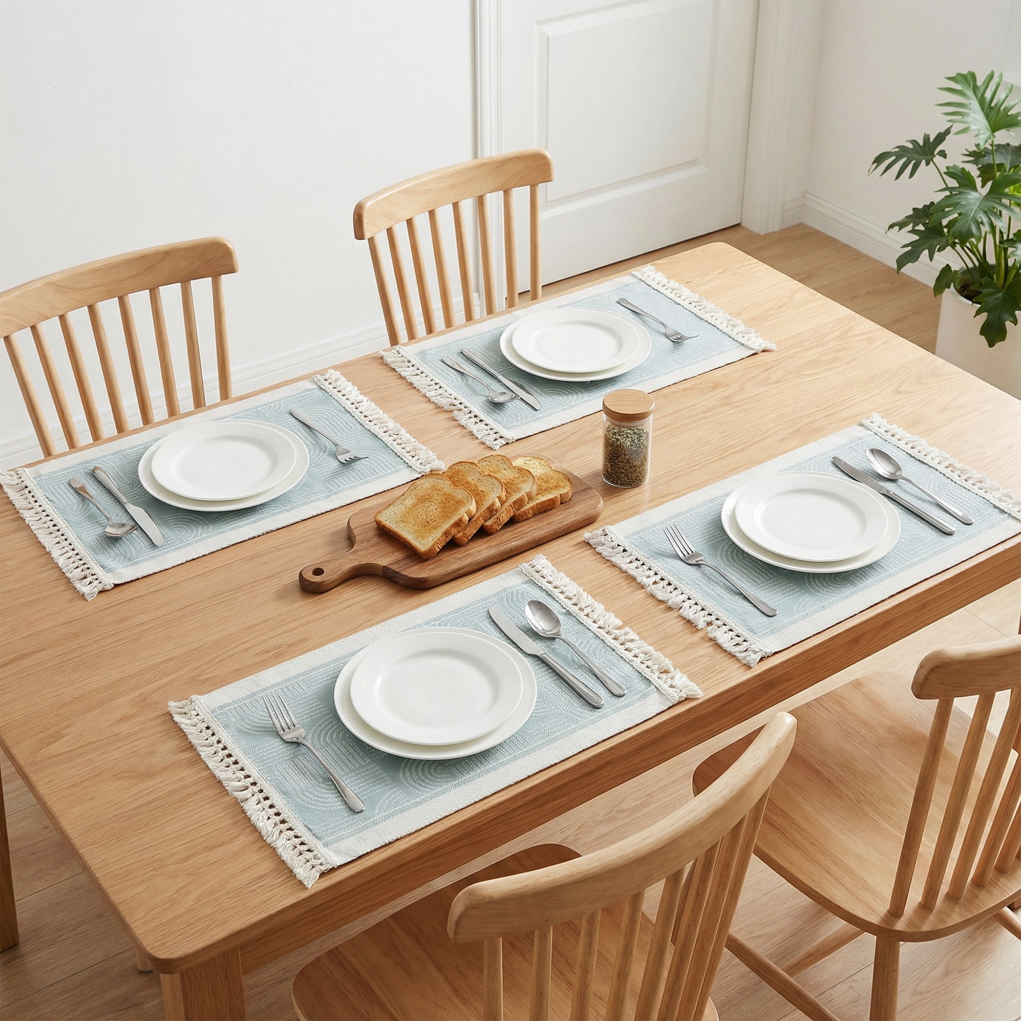 Unique Bargains Set of 4 Linen Farmhouse Placemats Green/White 17.7x13.8inch