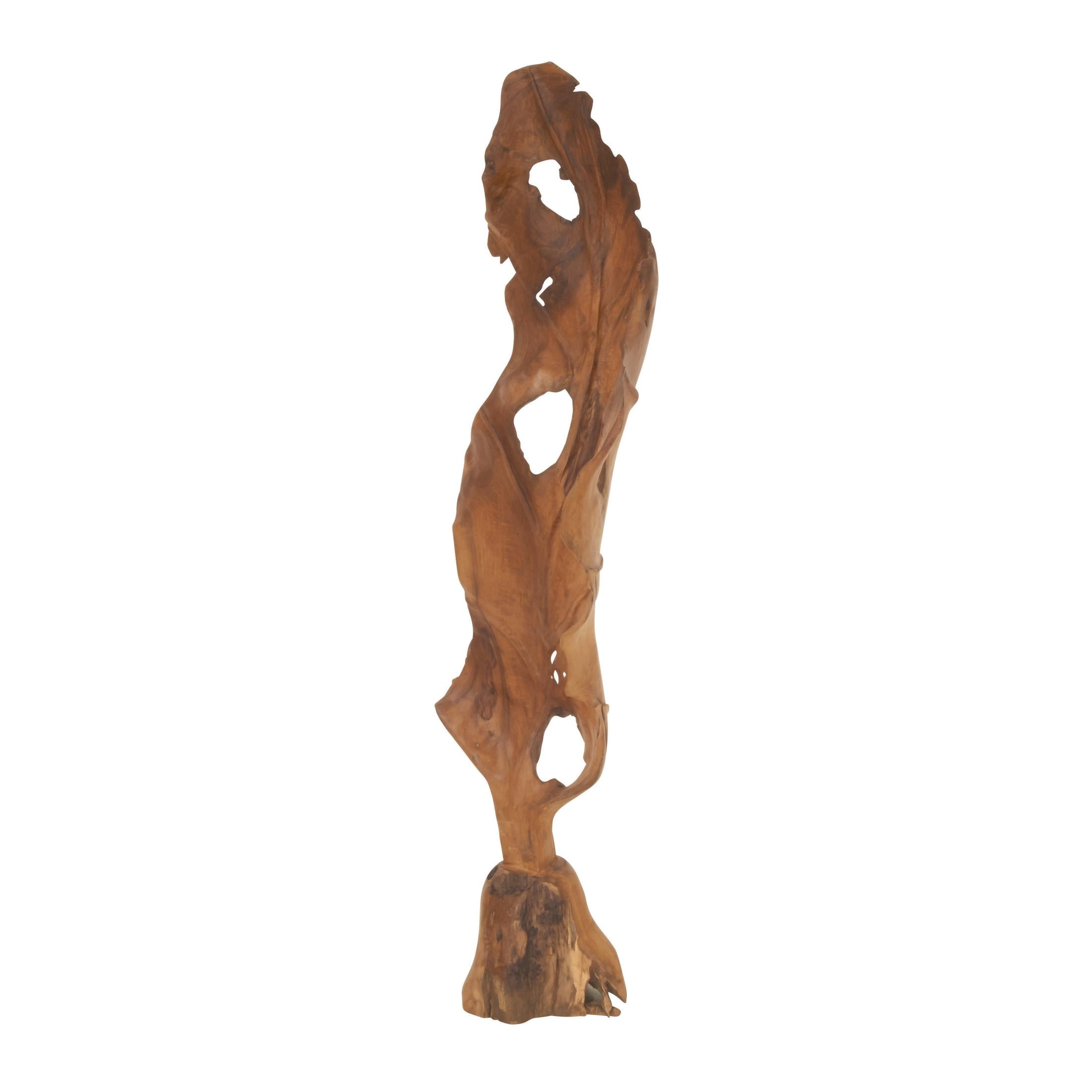 19" x 62" Brown Teak Wood Handmade Live Edge Leaf Sculpture, by DecMode