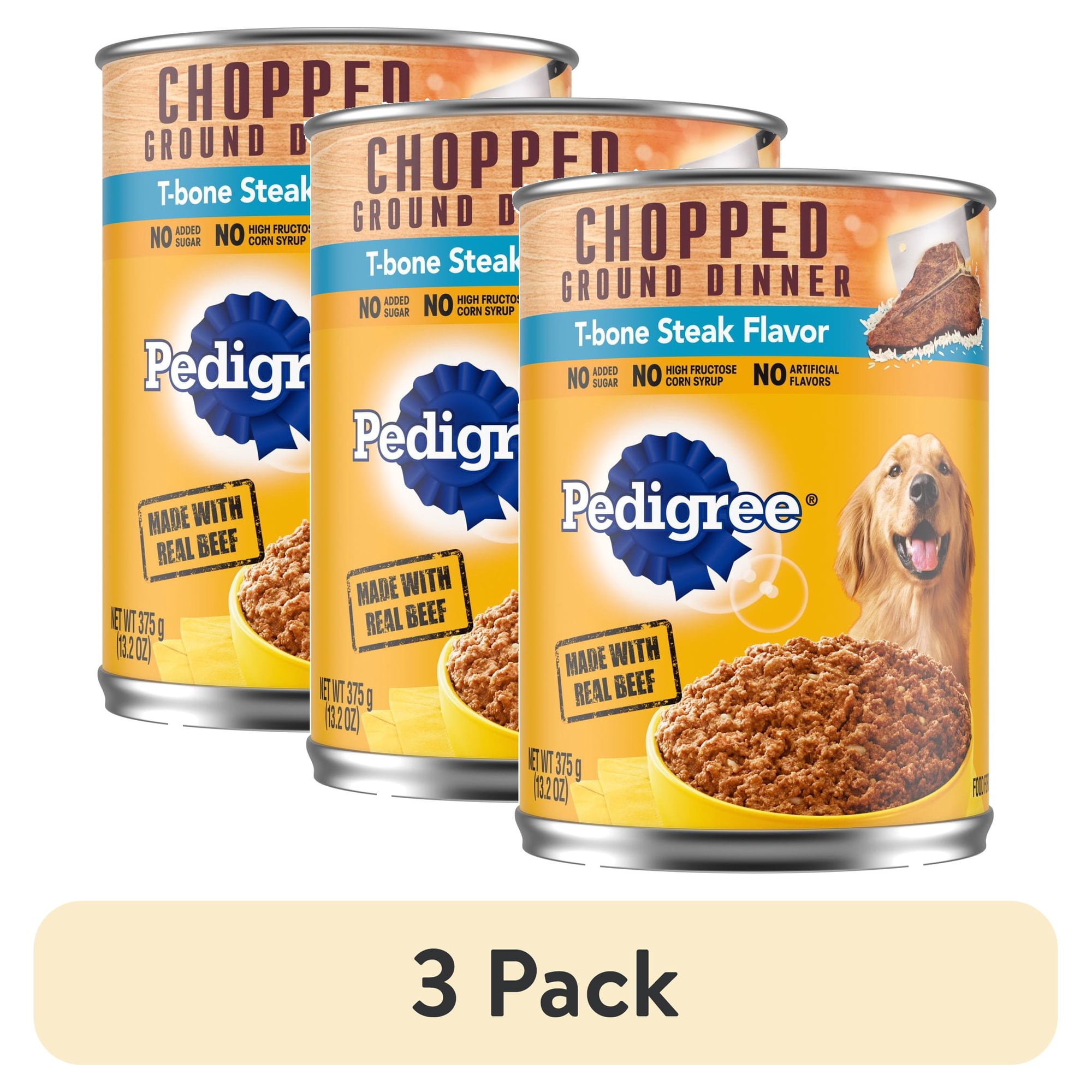 (3 pack) Pedigree Chopped Ground Dinner T-Bone Steak Flavor Adult Wet Dog Food, (12) 13.2 Oz Cans