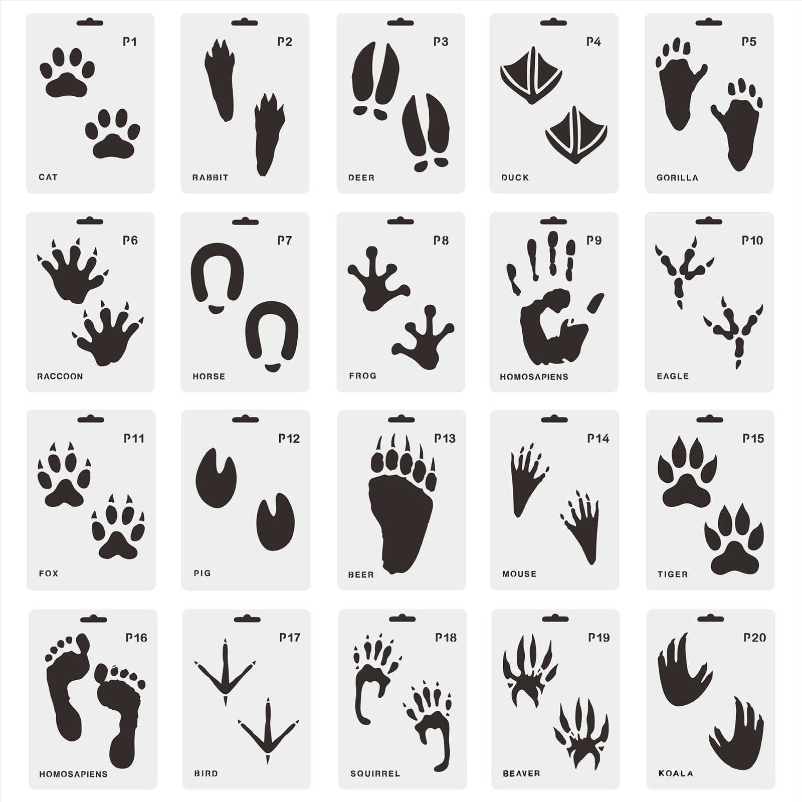 XINYTEC 20Pcs/set Animal Footprint Stencils Reusable Paw Print Templates  Animal Tracks Sign Stencils Wall Art Craft Home Decor 