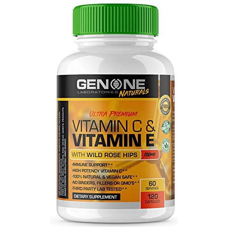 Vitamin C & Vitamin E with Wild Rose Hips 1000mg - High Potency Immune Support - 100% Natural, Vegan Safe, Non GMO, Antioxidant Support - 120 Capsules