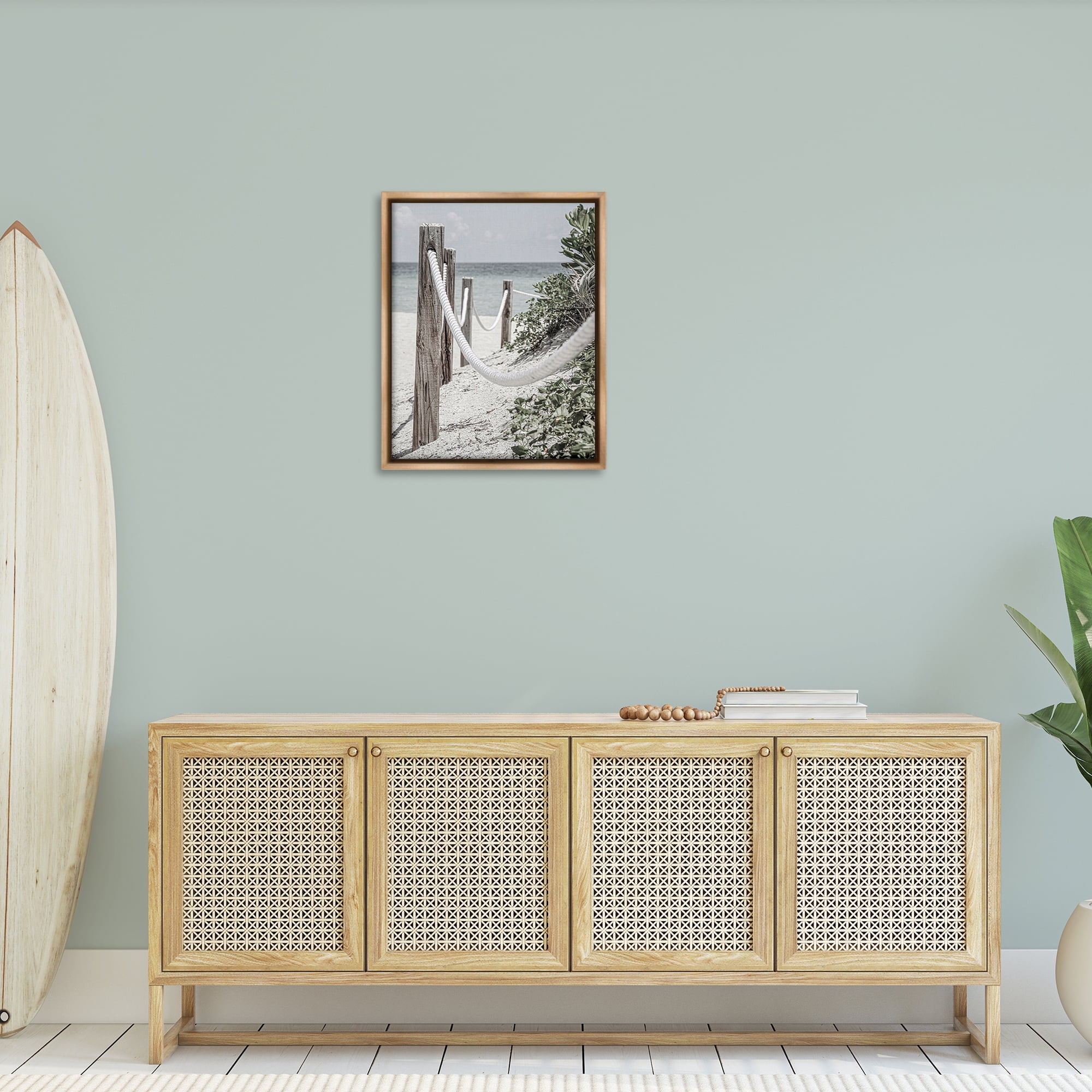 Stupell Industries Rope Fence Beach Landscape Photography Brown Floater Framed Canvas Art Print Wall Art, 25 x 31