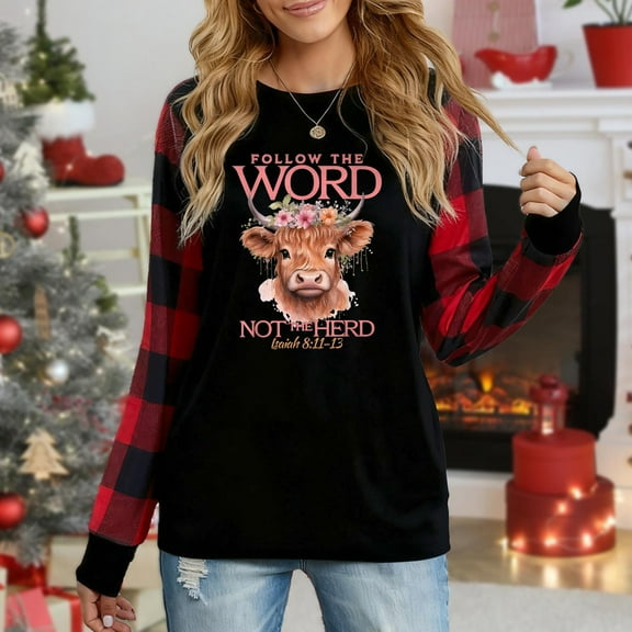 Women's Long Sleeve Top, "Follow The Word Not The Herd Highland Cow Floral Graphic" Casual Shirt