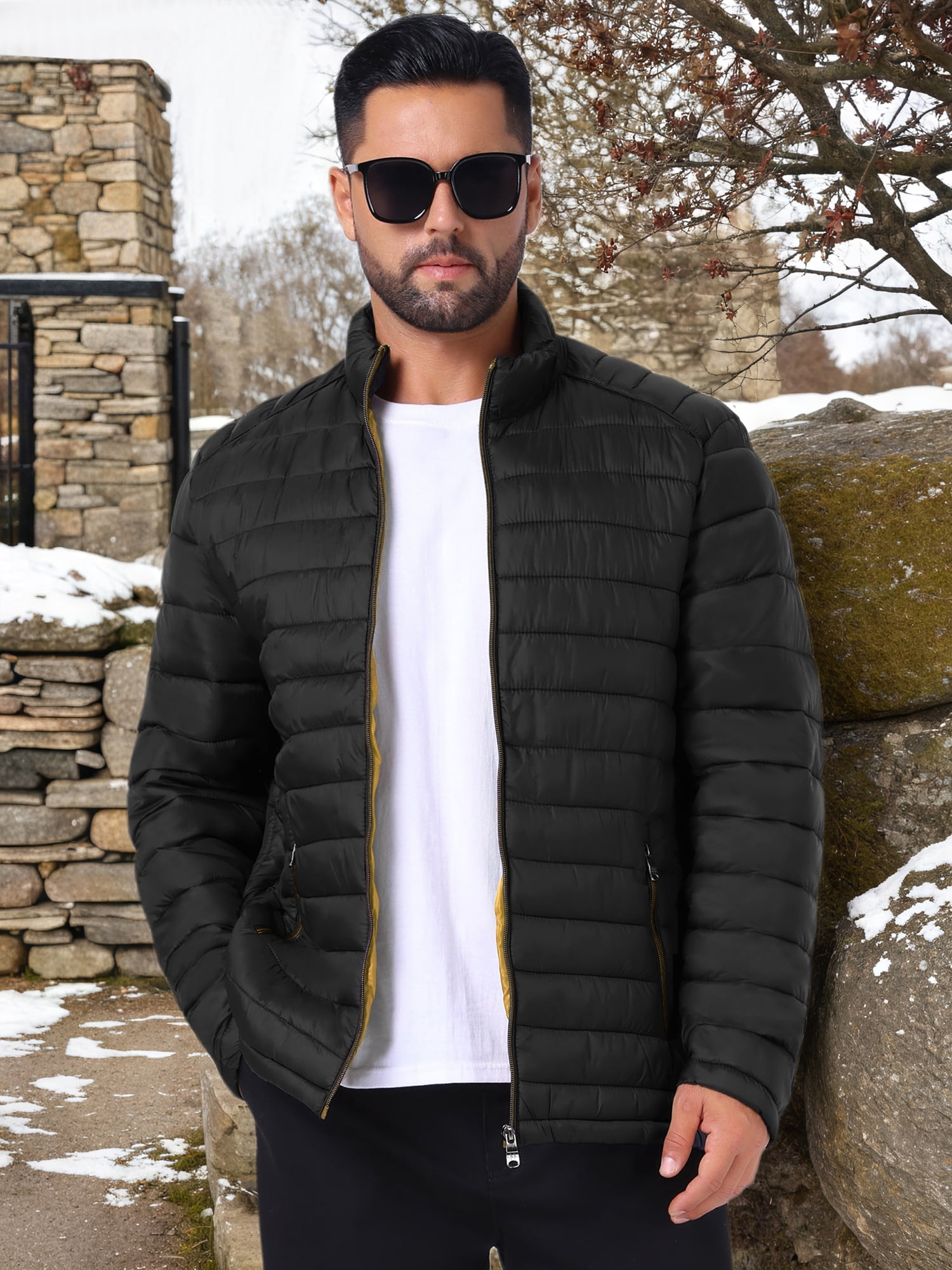 DARING DIVA Men's Winter Solid Stand Collar Zipper Quilted Puffer Jacket M Black